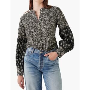 Faherty Adalyn Gray Cream Leaf Print Button Down Blouse Boho Fairy Women Medium